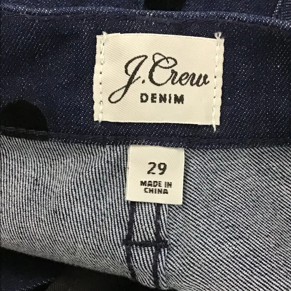 J CREW 9 in High Rise Toothpick Ankle Crop Jeans Dark Wash Black Velvet Dots 29